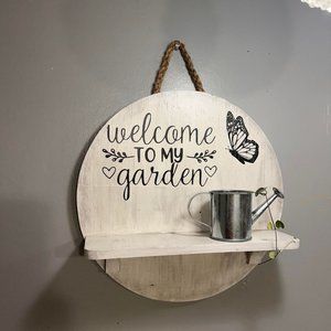 handmade circle wood shelve "welcome to my garden design